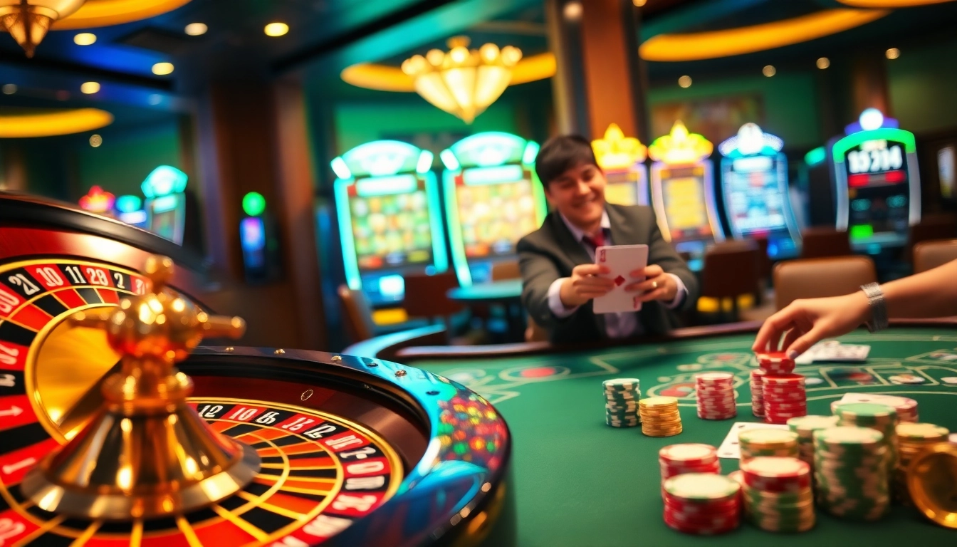 Experience the excitement of go 88 with a vibrant casino scene featuring roulette and poker tables.
