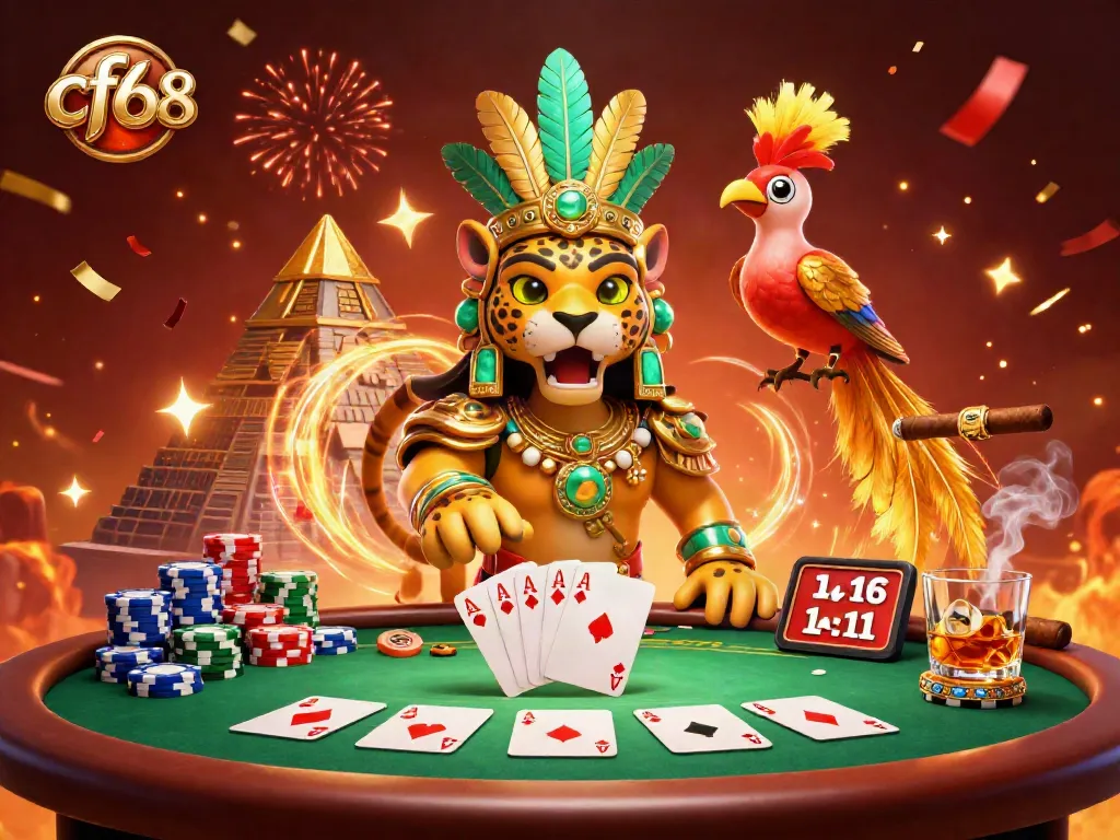 Play poker and win with cf68 in a vibrant casino scene featuring a Mayan priest and poker elements.