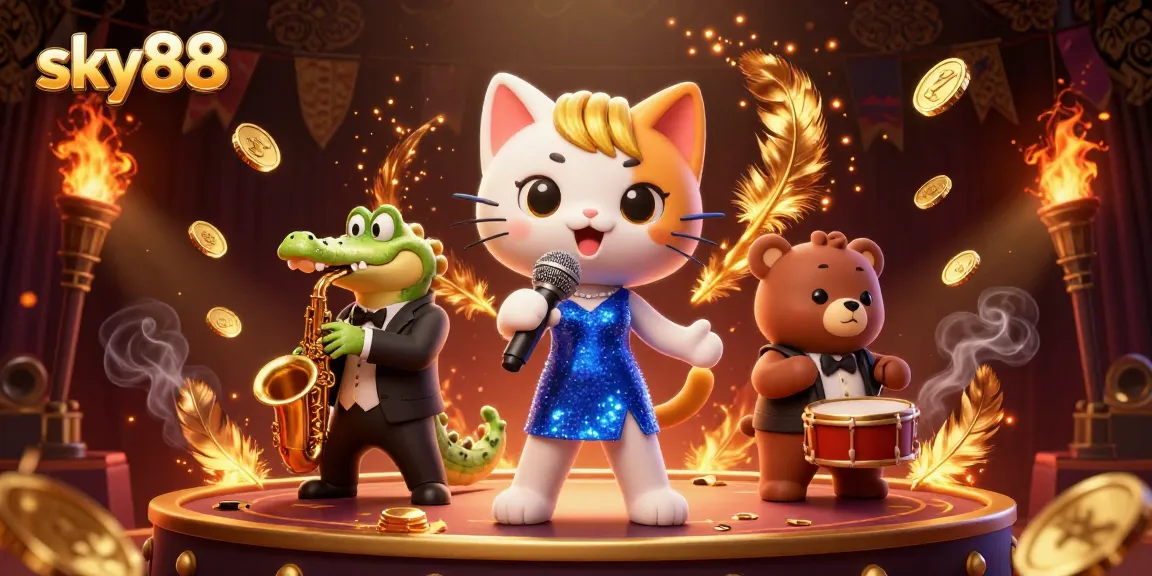 Experience excitement at sky88 with three cartoon characters performing in a lively casino scene.