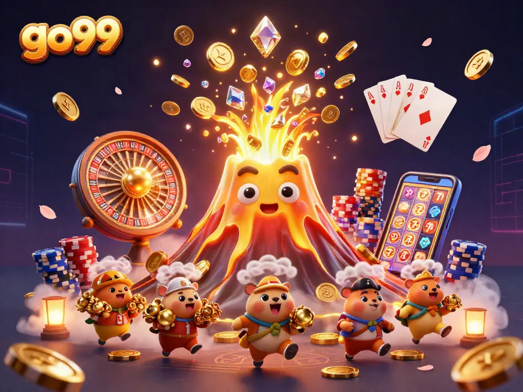 Win big with go99 as the golden volcano erupts treasure amidst flying coins in a thrilling casino scene.