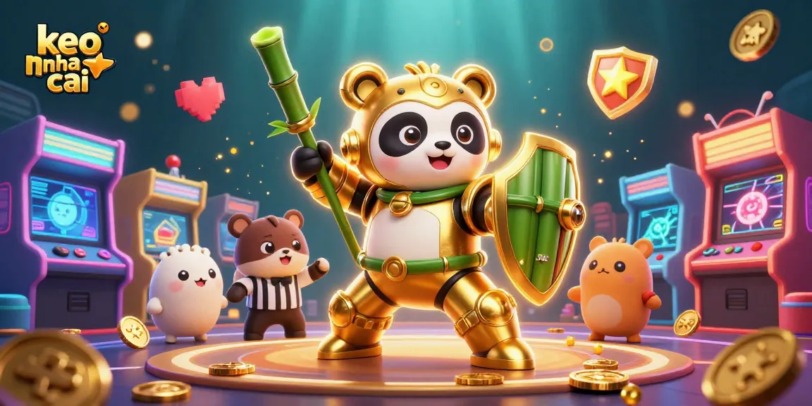 Engage in keo nha cai excitement with a 3D golden panda and dynamic arcade elements in a vibrant casino scene.