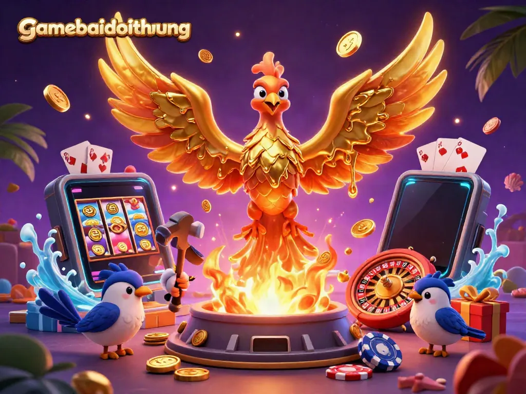 Engaging scene of gamebaidoithuong illustrating a golden phoenix amidst casino elements, offering winning strategies.