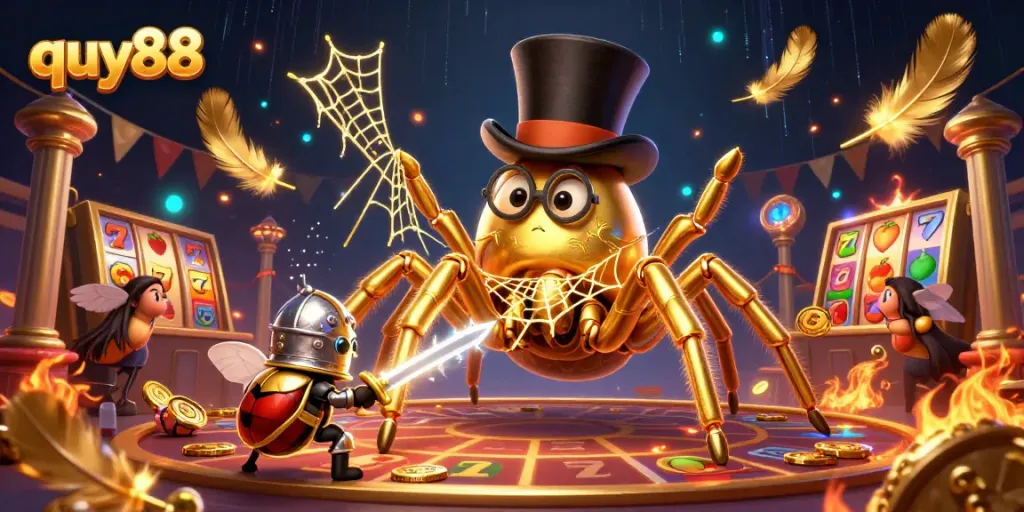 Engage with quy88's exciting slots featuring a giant tarantula and beetle knight in a rich casino setting.