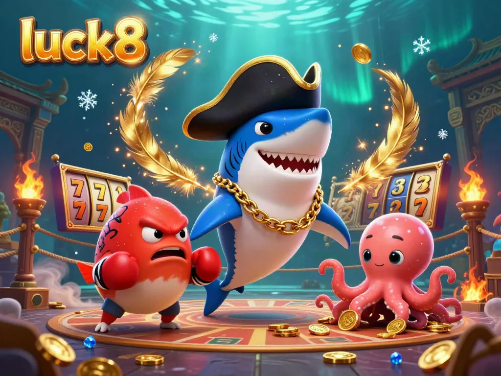 Engage with luck8 casino games as playful characters like a pirate shark and pufferfish join in a vibrant, dynamic game setting.