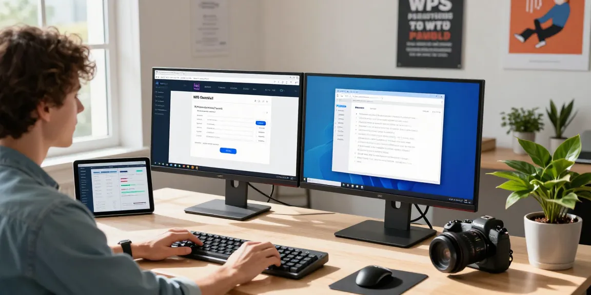 WPS Download page showcased on a dual monitor setup in a modern tech workspace, reflecting innovative software use and productivity.