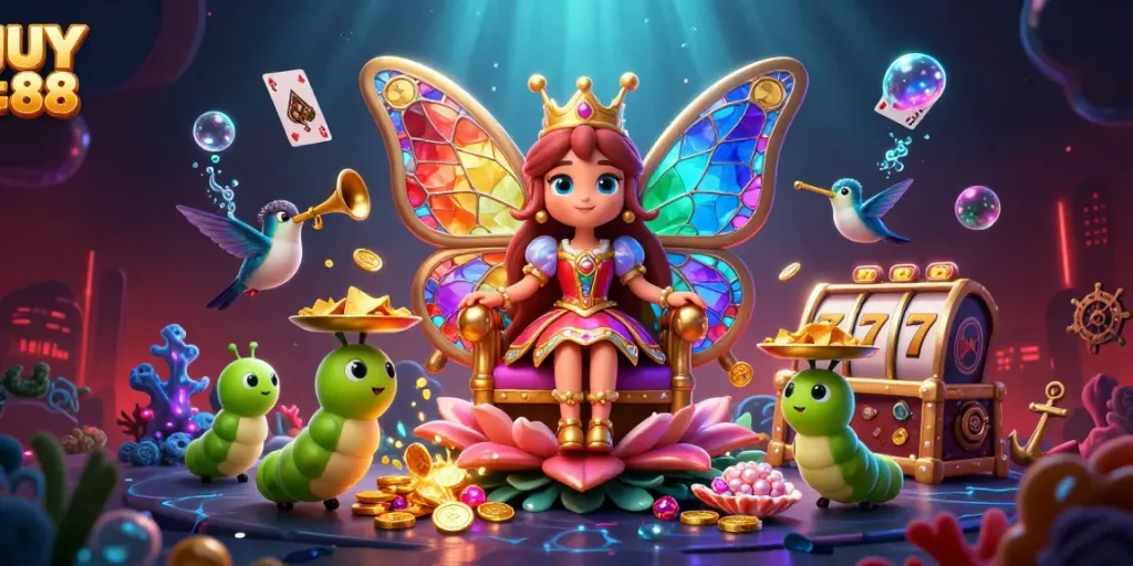 Experience UY 88's vibrant casino world with a colorful butterfly queen, gold coins, and playing cards.