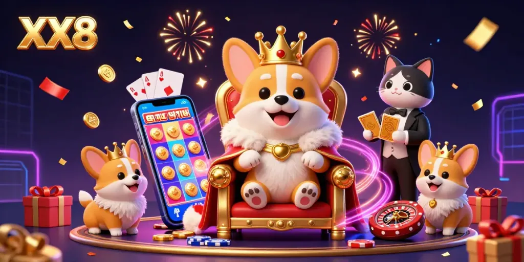 Engage in dynamic slots and games at XX8 with a royal corgi and vibrant casino elements.