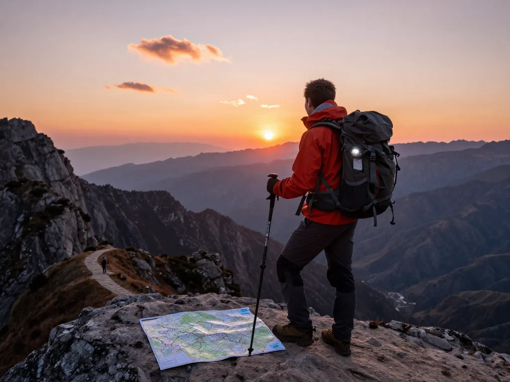Hiker at a mountain overlook during sunset, showcasing Fly88 adventure and exploration.
