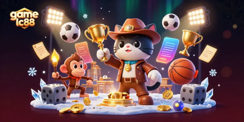 Engage with the thrilling gameplay of game lc88 as a cartoon archaeologist cat uncovers casino treasures in a magical illustration.