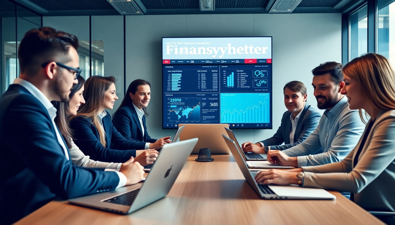 Professionals collaborating in a modern financial office, discussing the latest Finansnyheter.