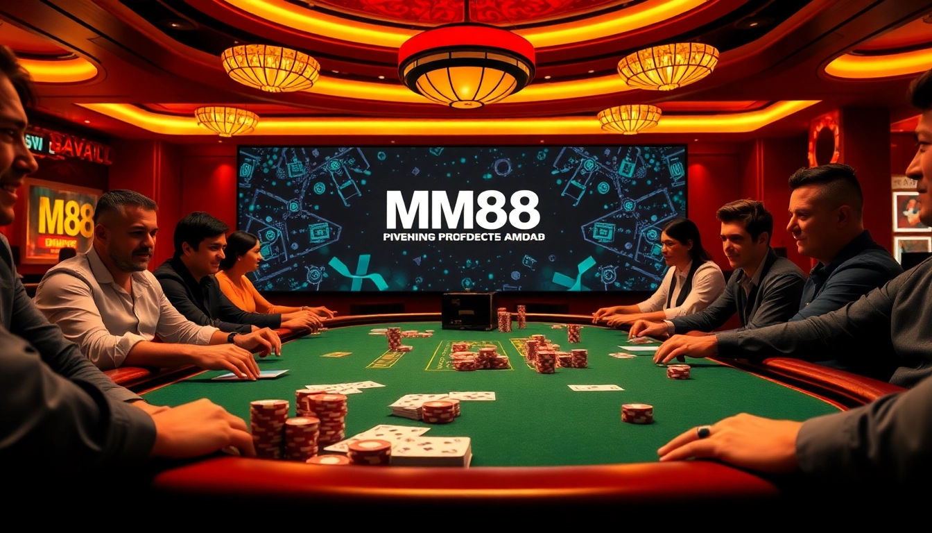 Engage in thrilling gameplay with MM88 at a luxurious casino table filled with chips and cards.