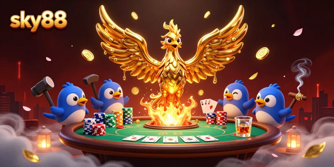 Engage with the thrilling world of sky88, featuring a phoenix of gold and poker excitement.