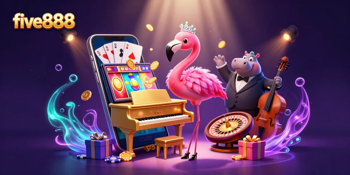 Experience excitement at five888 with a flamingo singer and hippo bassist amidst casino-themed elements.