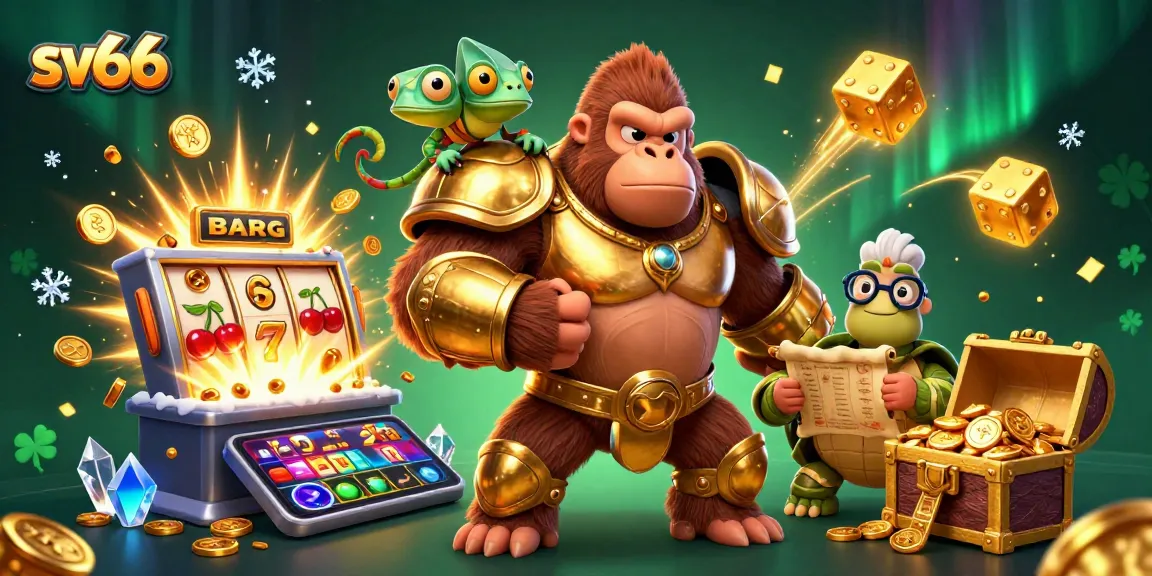 Win big at sv66 with a vibrant 3D casino illustration featuring a powerful gorilla and colorful game elements.