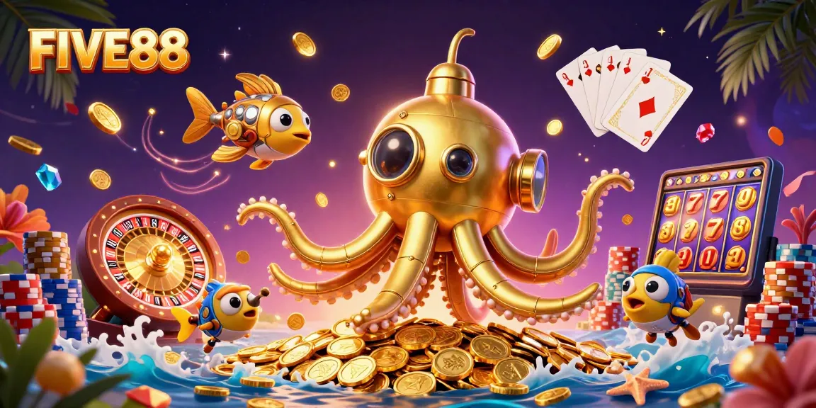 Engage with FIVE88's vibrant 3D scene showcasing a thrilling underwater casino adventure.