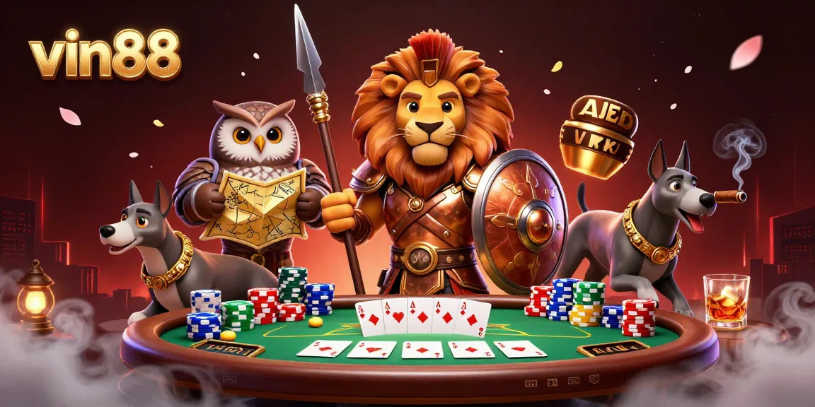 Experience vin88's thrilling poker night featuring a Spartan lion, strategist owl, and messenger greyhound.