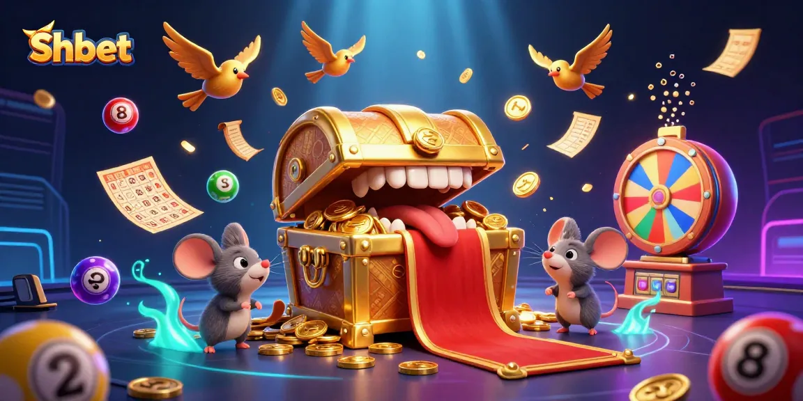 Experience thrilling wins at Shbet with a vibrant 3D casino scene showcasing treasure chests and lottery excitement.