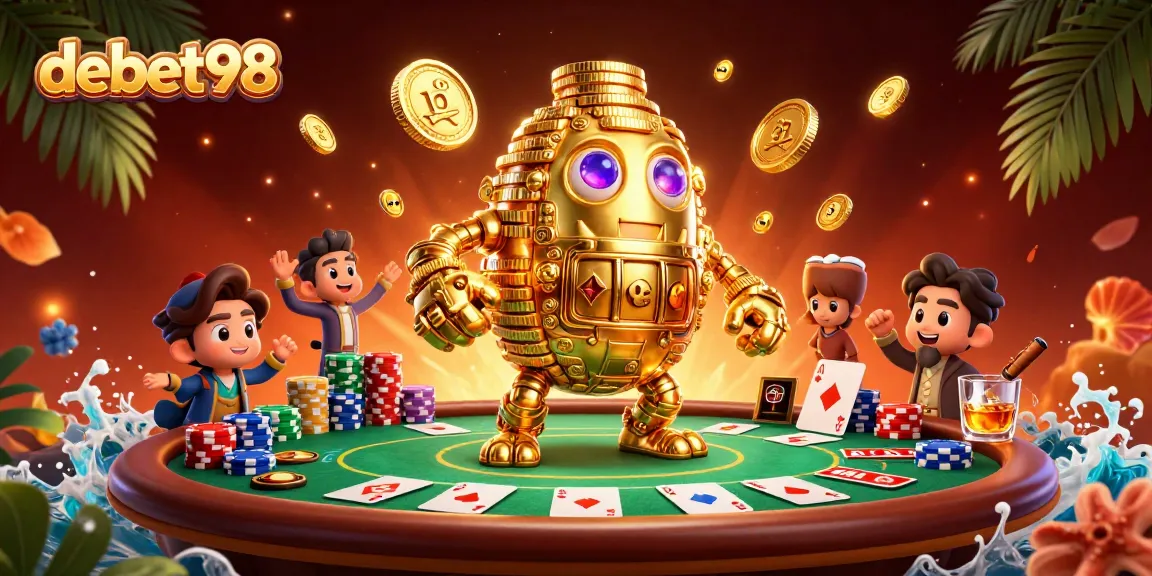 Get ready to win big with debet98 at this vibrant casino scene featuring a golden golem!