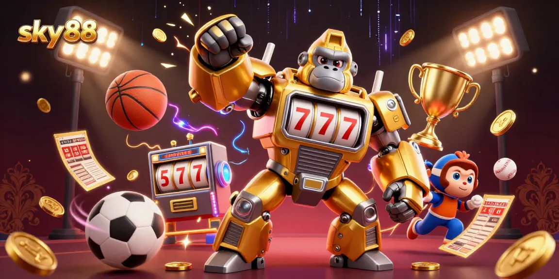 Engage in thrilling moments with sky88 as a golden gorilla mech triumphantly punches up, revealing coins exploding in action.