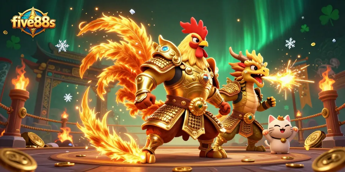 Experience thrilling gambling action at five88s with a fearless rooster warrior and a dragon hatchling.