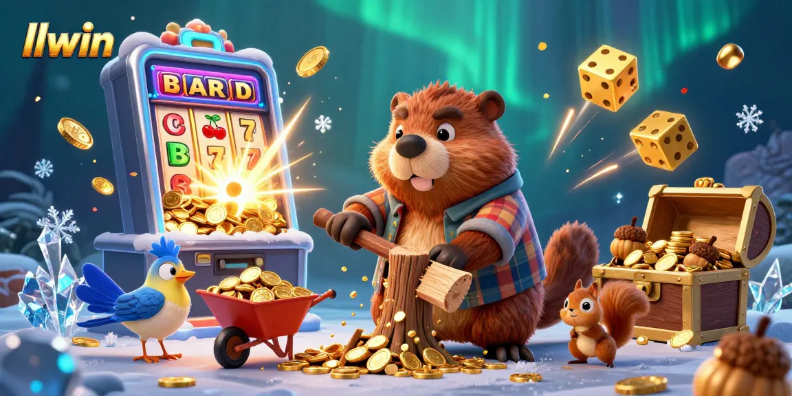 Experience thrilling wins at llwin with a beaver collecting golden coins in a packed casino scene.