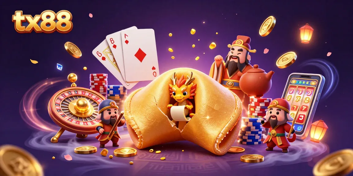 Play slots and win with tx88 in a vibrant casino scene featuring golden fortune cookie and lucky characters.