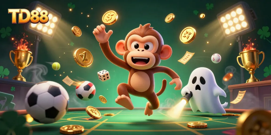 Experience the thrill of TD88 with a ghostly monkey juggling golden gaming elements in a vibrant casino scene.