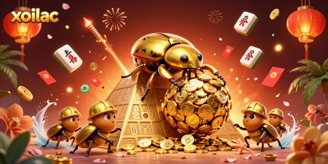Experience the vibrant energy of xoilac with a dynamic casino scene featuring golden beetles and rich gaming symbols.