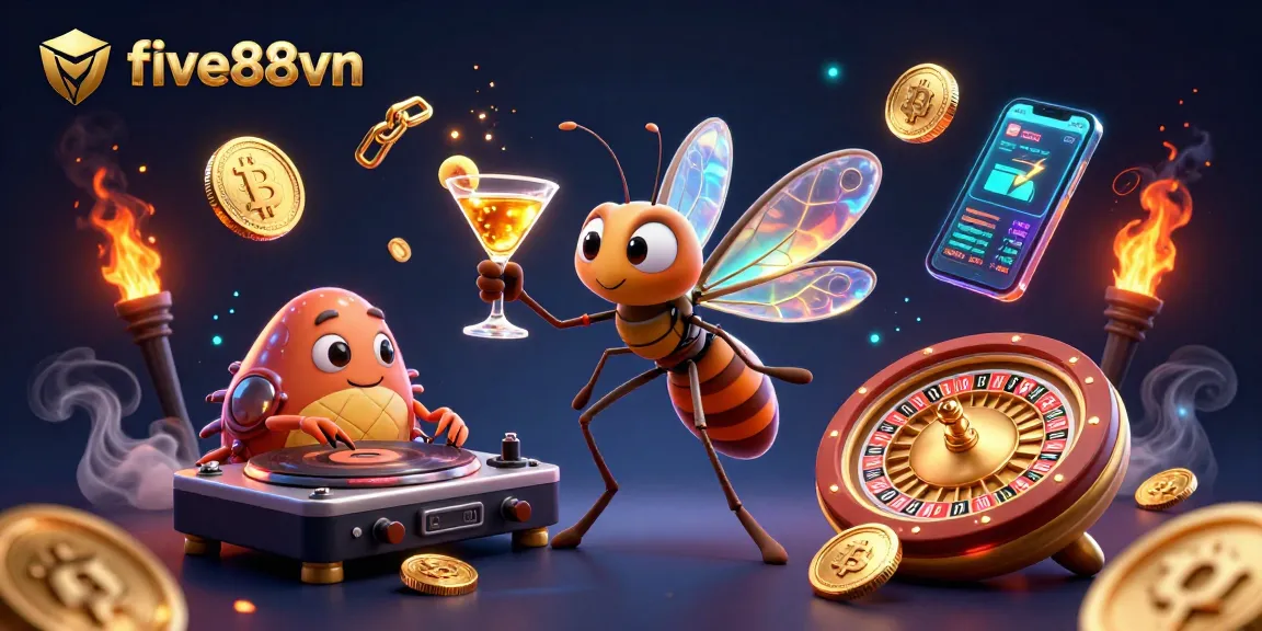 Join the gambling excitement with five88vn as a vibrant casino scene showcases animated characters and cryptocurrency elements.