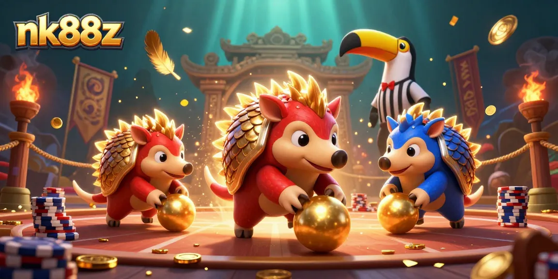 Engage in thrilling casino action with nk88z as playful pangolins roll golden balls through poker chips.