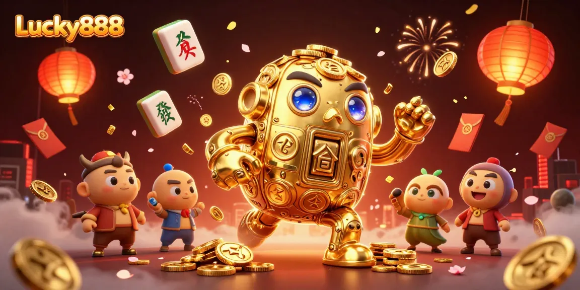 Spin the reels of Lucky888 in vibrant 3D illustration with golden golem and festive elements.