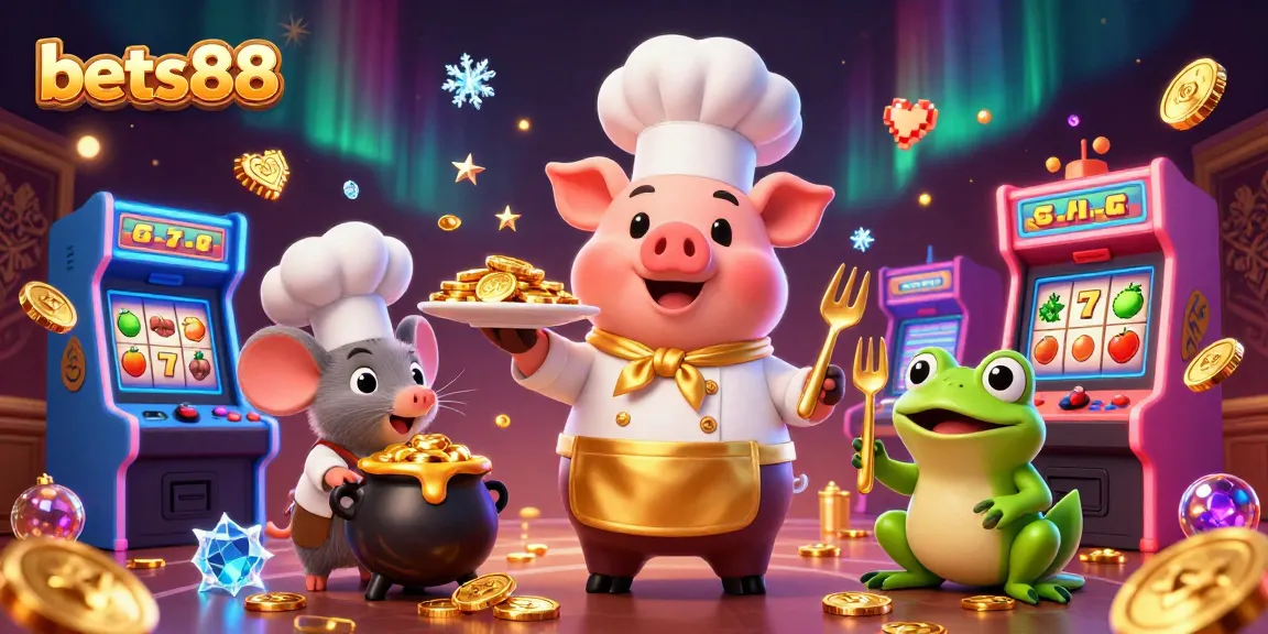 bets88 showcases an exciting 3D scene with chef characters serving gold coins amidst vibrant casino elements.