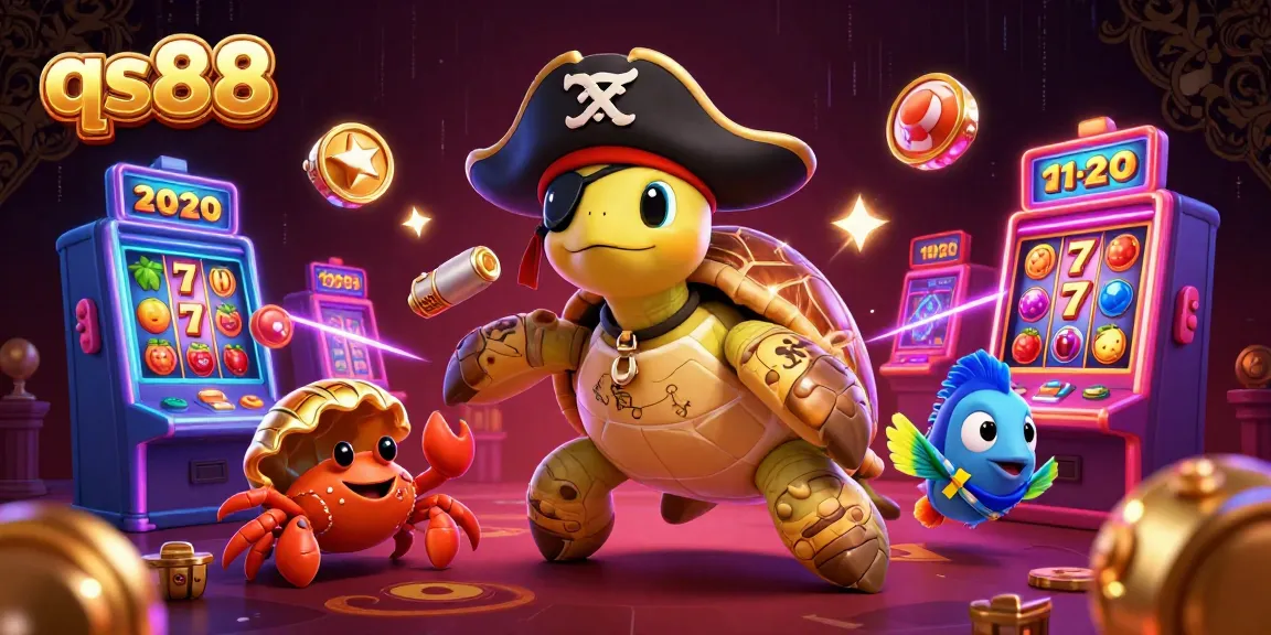 Play thrilling slot games with qs88 featuring a pirate turtle and vibrant casino elements.