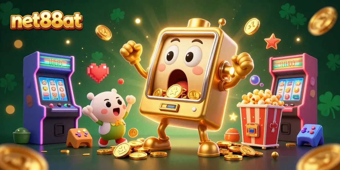 Experience huge wins with net88at's giant slot machines and vibrant gaming elements in this dynamic 3D illustration.