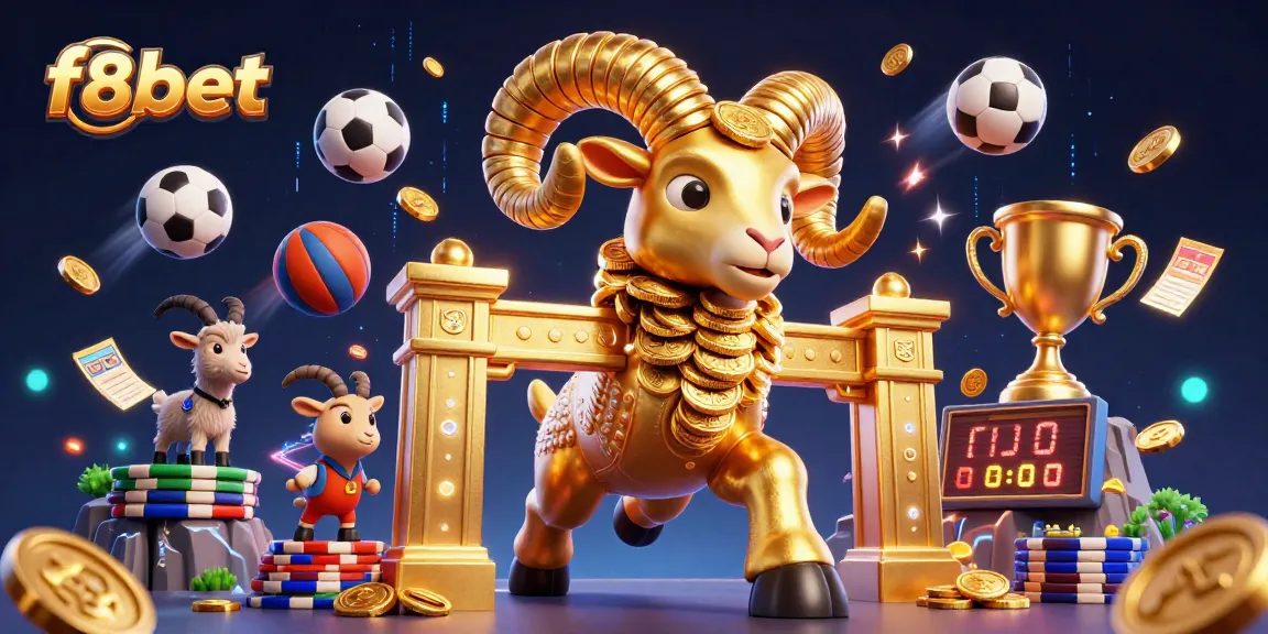 Experience the thrill of f8bet with a dynamic 3D casino scene featuring golden ram and sports elements.