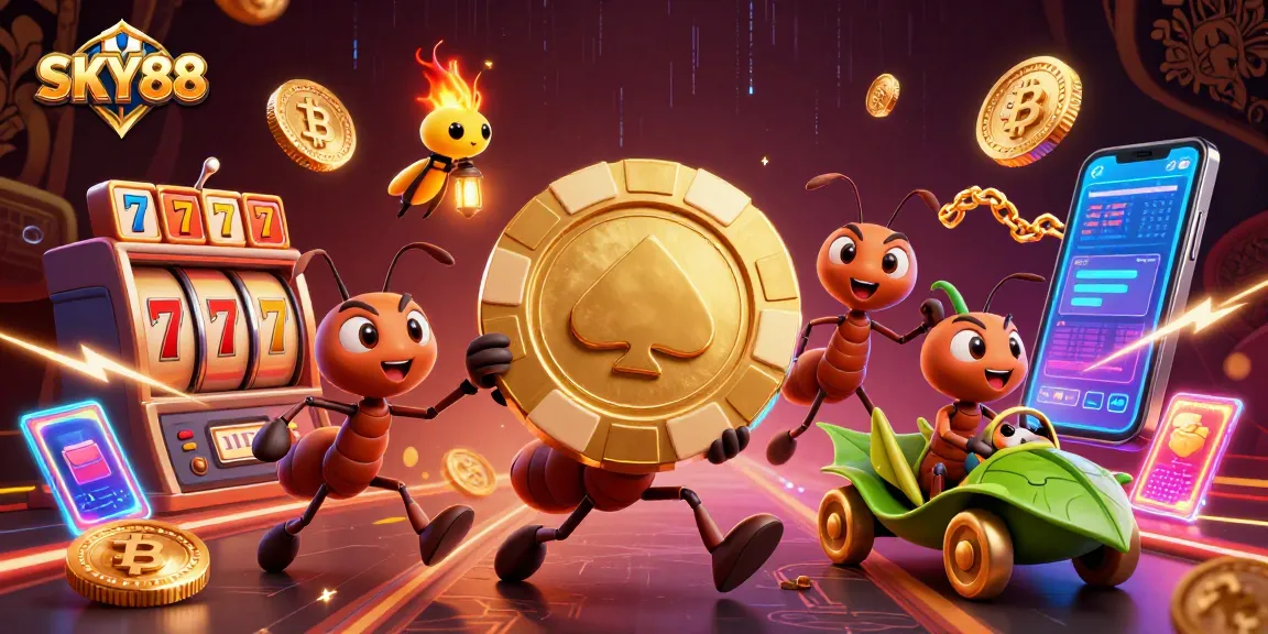Ants carrying a massive poker chip in a vibrant SKY88 casino scene with digital effects