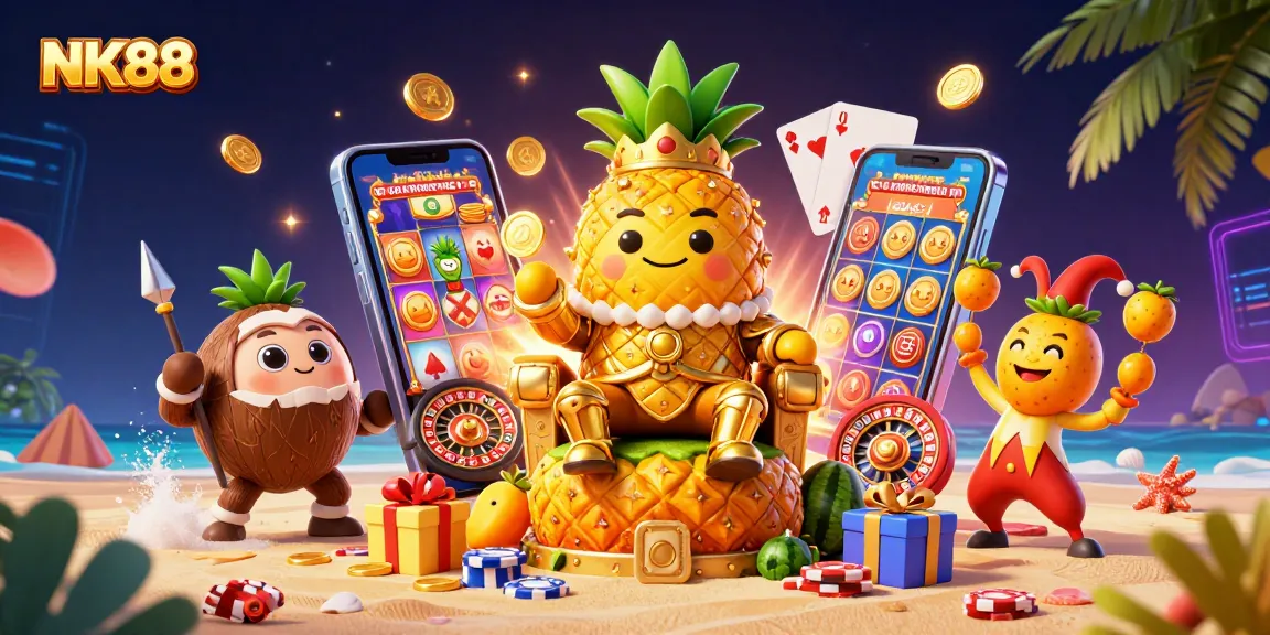 Experience the thrilling adventures of NK88 at a vibrant beach casino with a golden pineapple king.