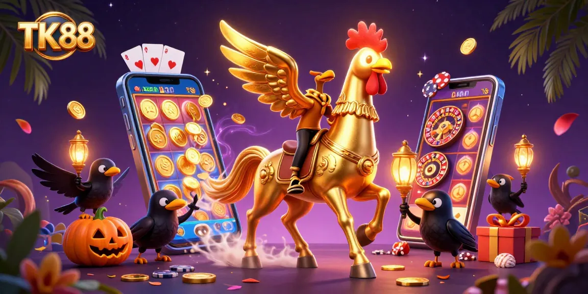 Engage in exhilarating gaming with TK 88 as golden rooster crafts magic in a dynamic casino scene.