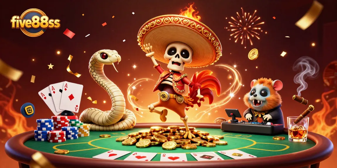 Engage in thrilling gameplay at five88sss with a festive 3D casino illustration, showcasing vibrant characters and elements.