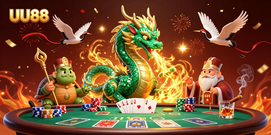 UU88 showcases a dynamic 3D scene featuring a dragon and poker elements for engaging betting.