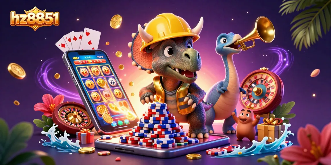 Experience excitement at hz8851 with a triceratops building poker chips, celebrating casino wins!