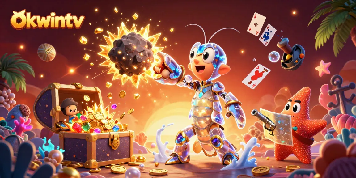 Engage with okwintv's dynamic 3D illustration featuring a mantis shrimp and treasure elements in a vibrant casino setting.