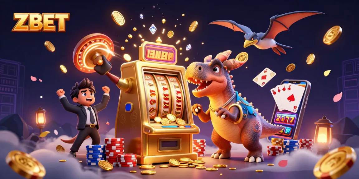 ZBET players celebrate a jackpot payout as fun dinosaur characters team up in a vibrant casino scene.