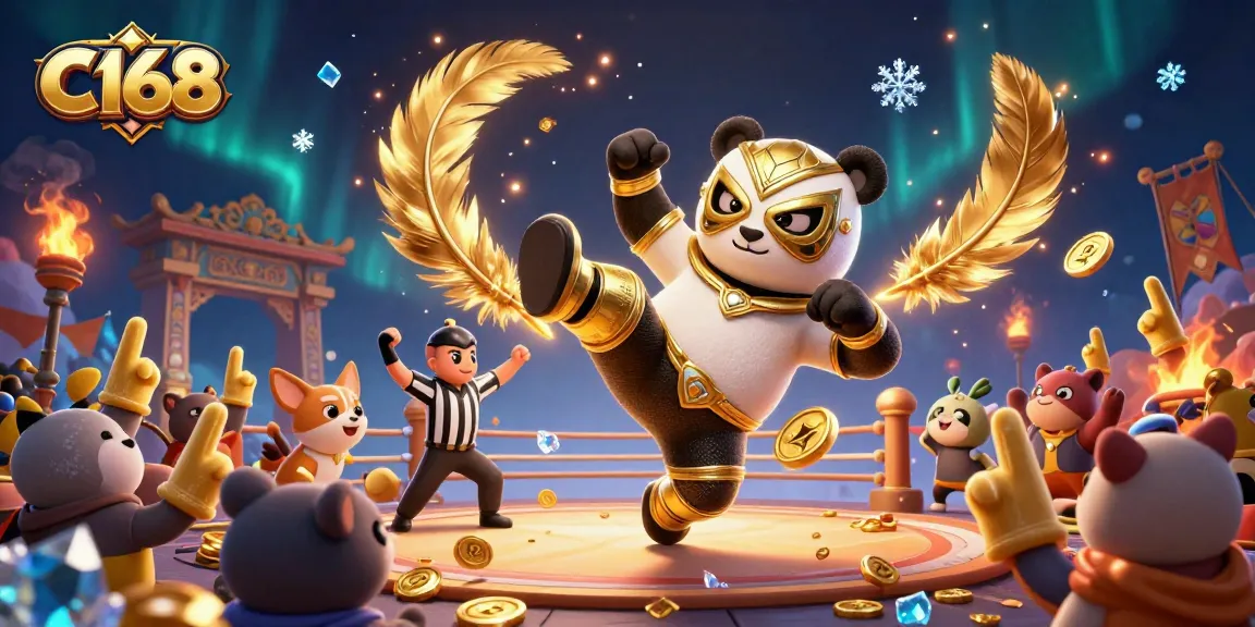 Experience the excitement of C168 with a 3D illustration of a panda wrestler in a dynamic casino scene.