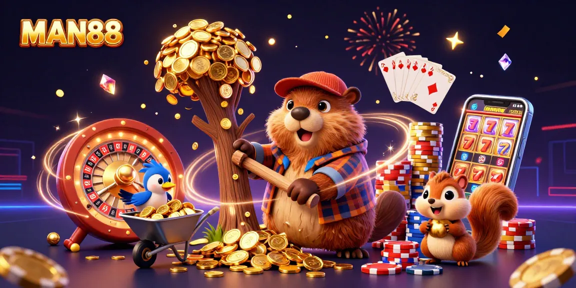 MAN88 brings excitement with a beaver chopping a coin tree, showcasing a joyful casino scene.
