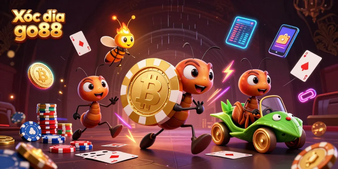 Xóc đĩa go88 ignites excitement as ants dash with a giant golden poker chip in a thrilling heist.