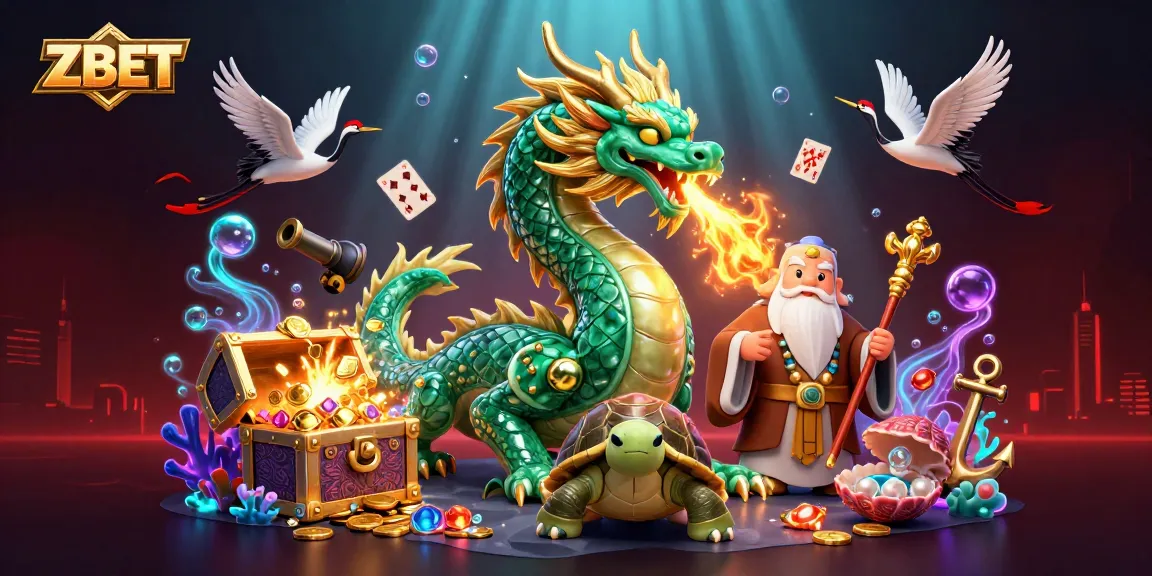 ZBET showcases thrilling gaming dynamics with a jade dragon and lucky cranes in a vibrant casino scene.