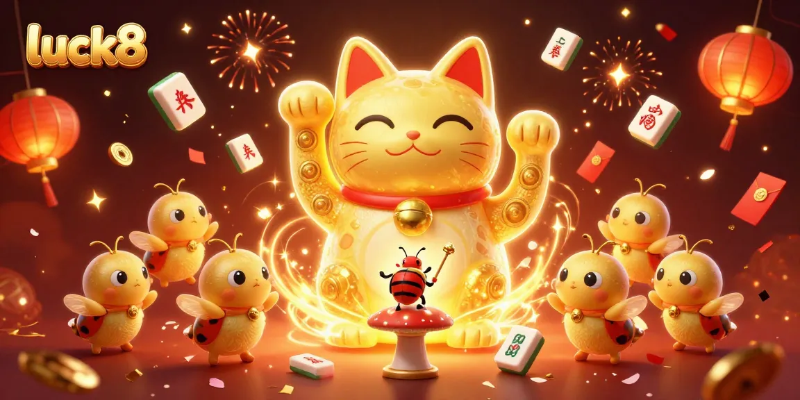 Get lucky with luck8 as golden fireflies dance around a giant cat in a vibrant casino atmosphere.