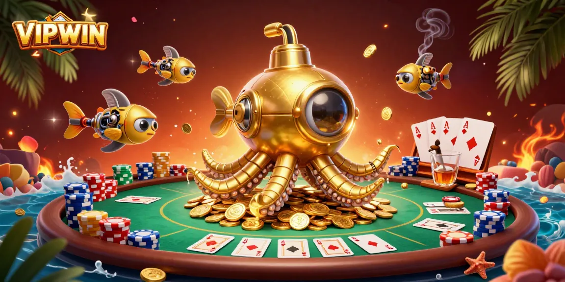 Join the excitement at VIPWIN, where a golden kraken submarine swims through a sea of coins in a lively poker scene.