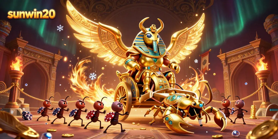 Experience the excitement at sunwin20 with a vibrant scene featuring a colossal scarab beetle in pharaoh armor amidst dynamic casino elements.